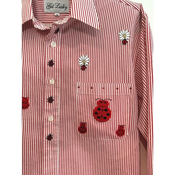 Vintage Get Lucky Ladybug Striped Preppy Cottagecore Button Up Shirt - Picture 7 of 9